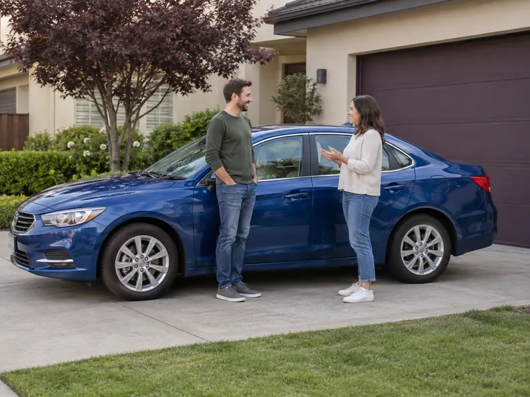Two people discussing a vehicle enquiry.